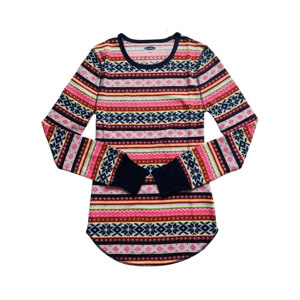 Old Navy‎ Thermal Top Womens L Pink Navy Snowflake Waffle Knit (Petite Fit) NEW